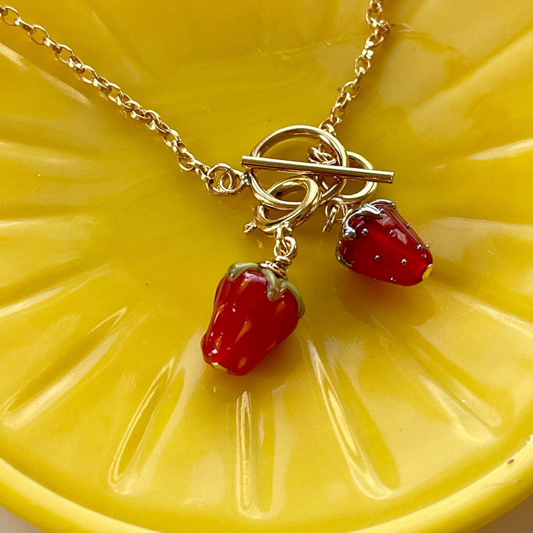 Dainty Double Strawberry Necklace in Gold